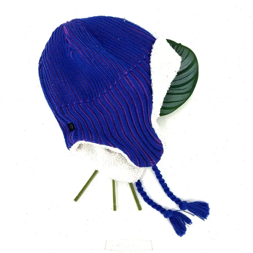 All In Motion Blue Purple Stripe Knit Faux Sherpa Trapper Ear Beanie Youth Hat